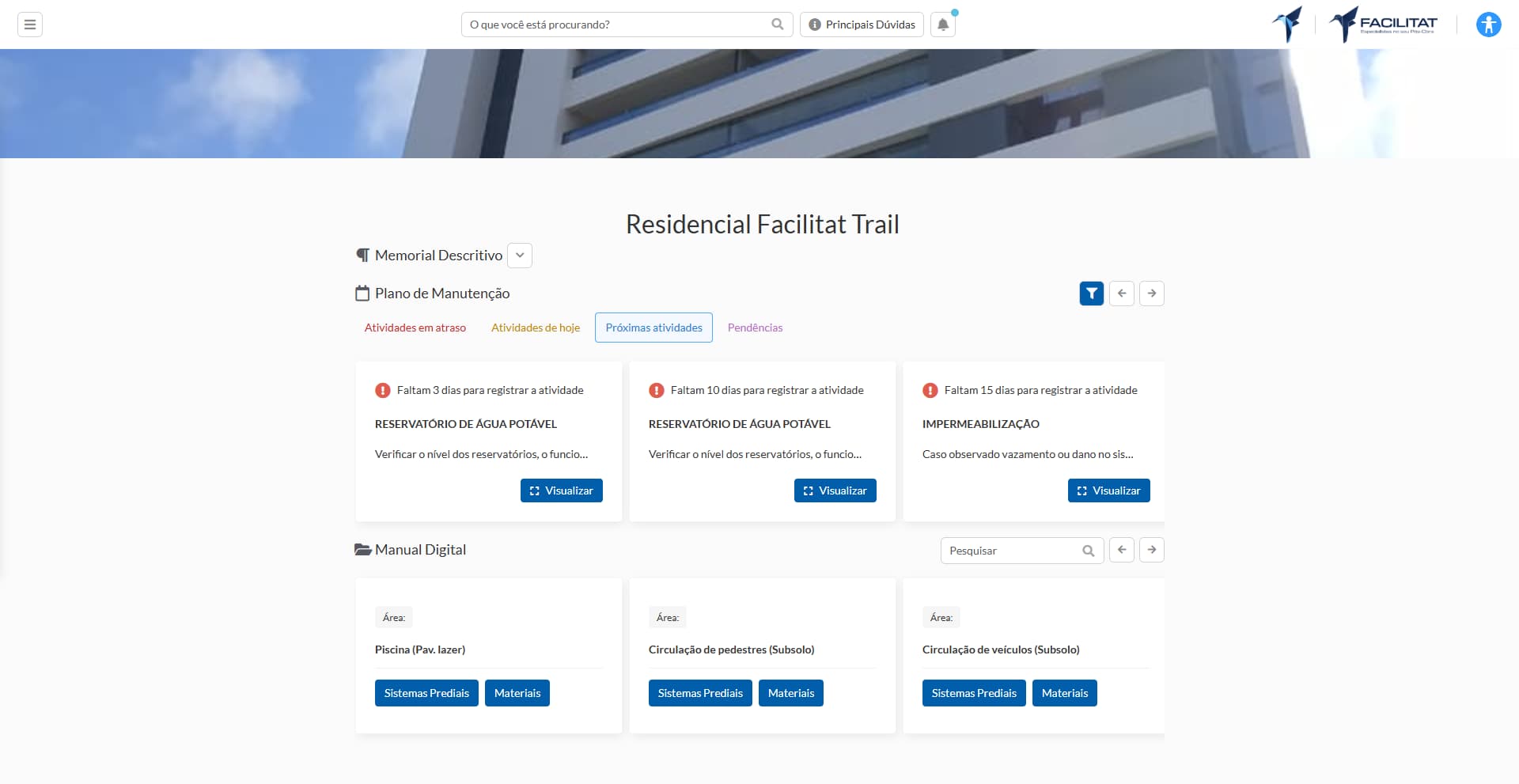 Página inicial do empreendimento na Plataforma Facilitat, com plano de manutenção e manual digital