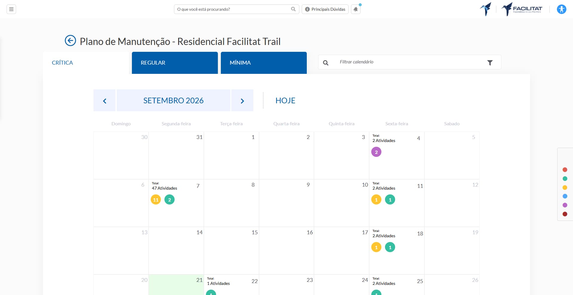 Calendário do plano de manutenção na Plataforma Facilitat