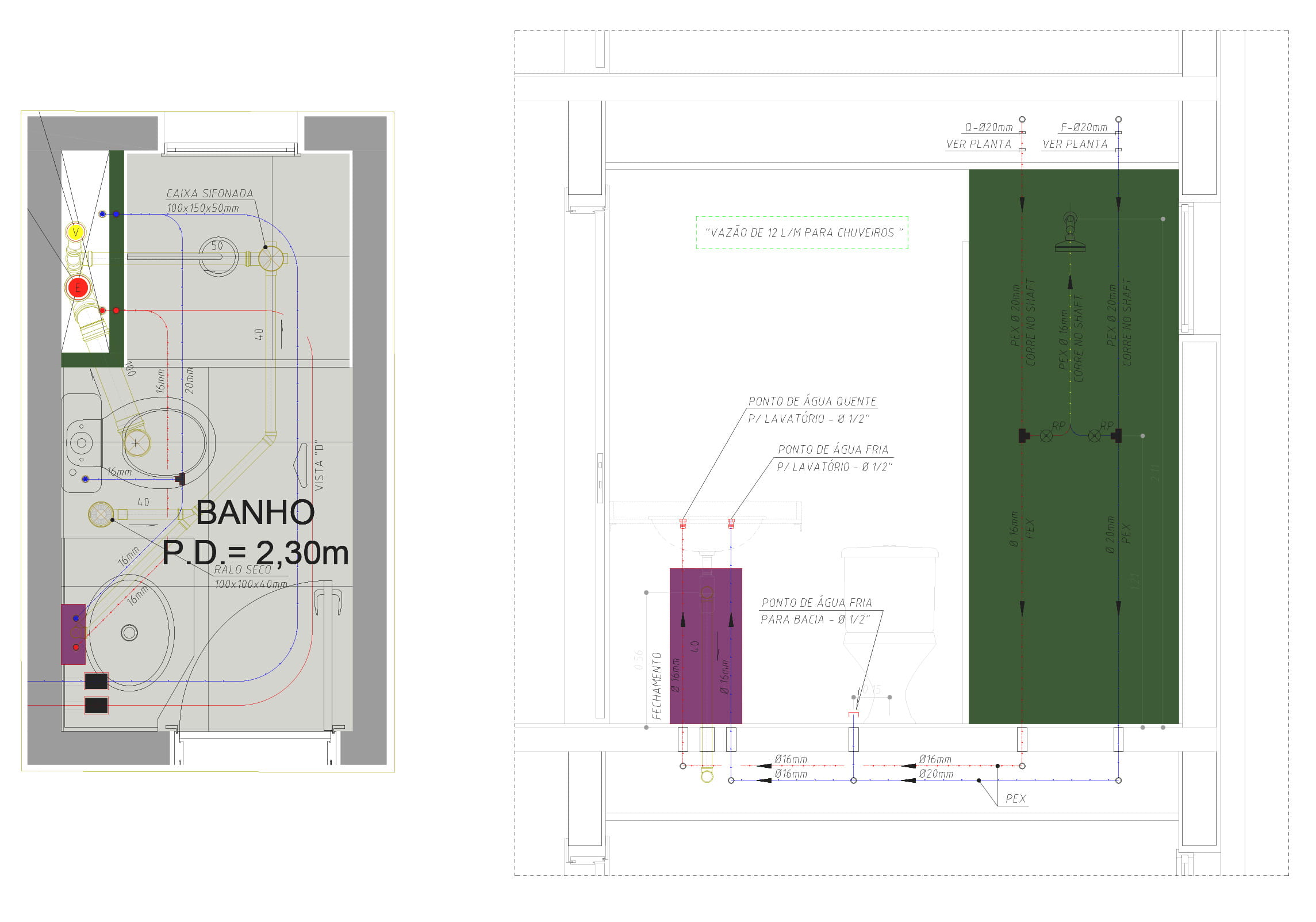 Exemplo de projeto esquemático: planta e corte de um banheiro com pontos de água fria e quente, esgoto e tubulações