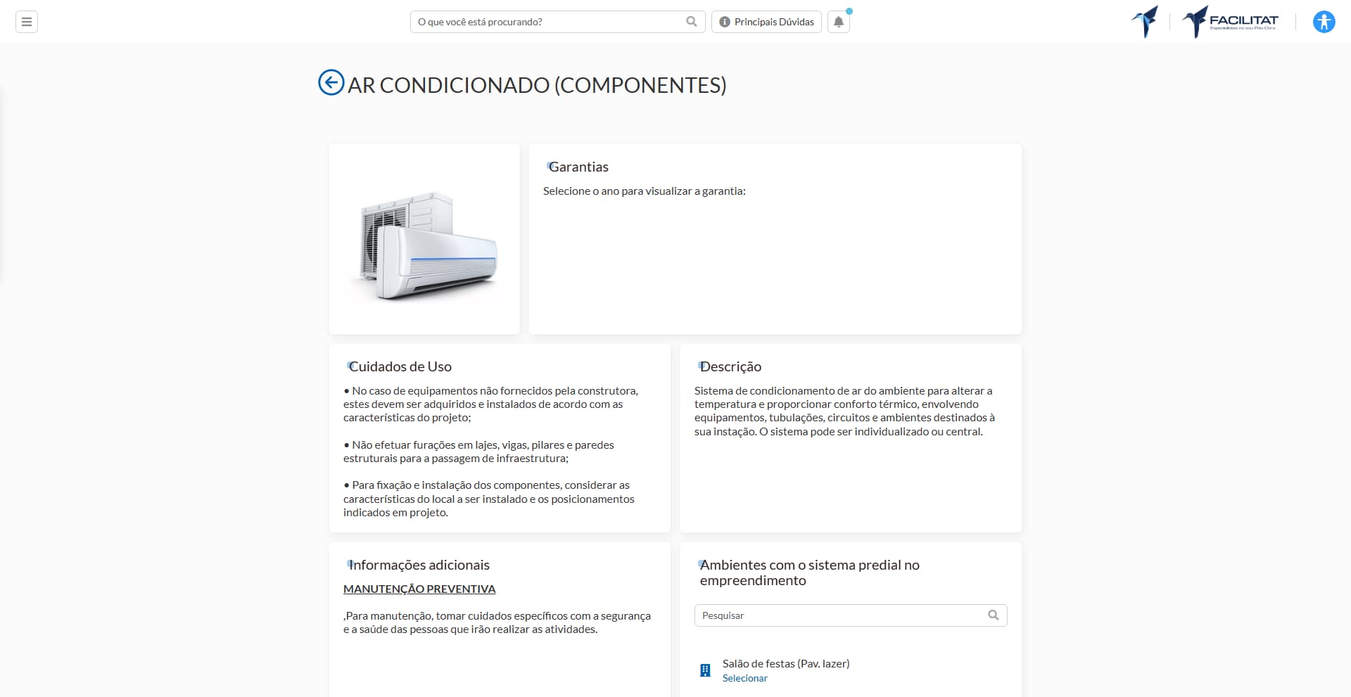 Tela de sistemas prediais da Plataforma Facilitat, com garantias e cuidados de uso